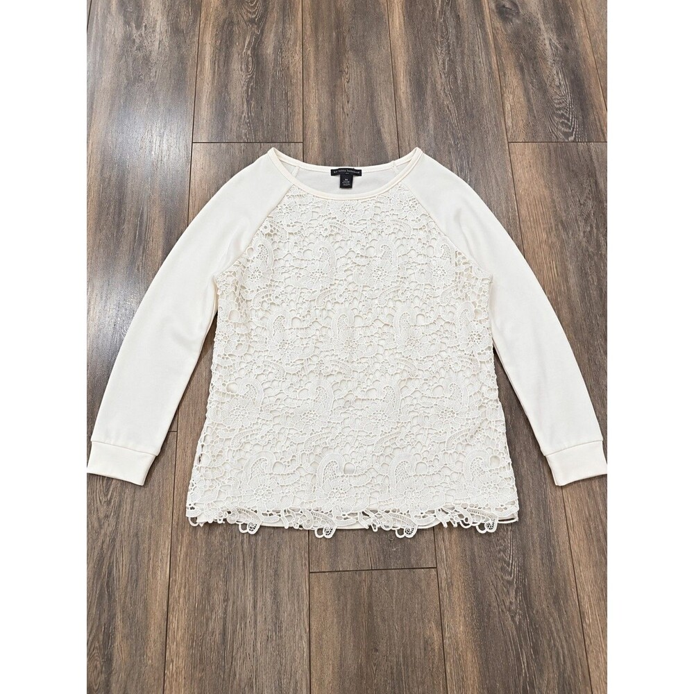 Adrianna Papell Womens M Ivory Floral Lace Front Long Sleeve Raglan Sweatshirt